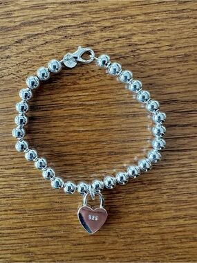 Sterling Silver 925 Beaded Heart Padlock Bracelet 7”
